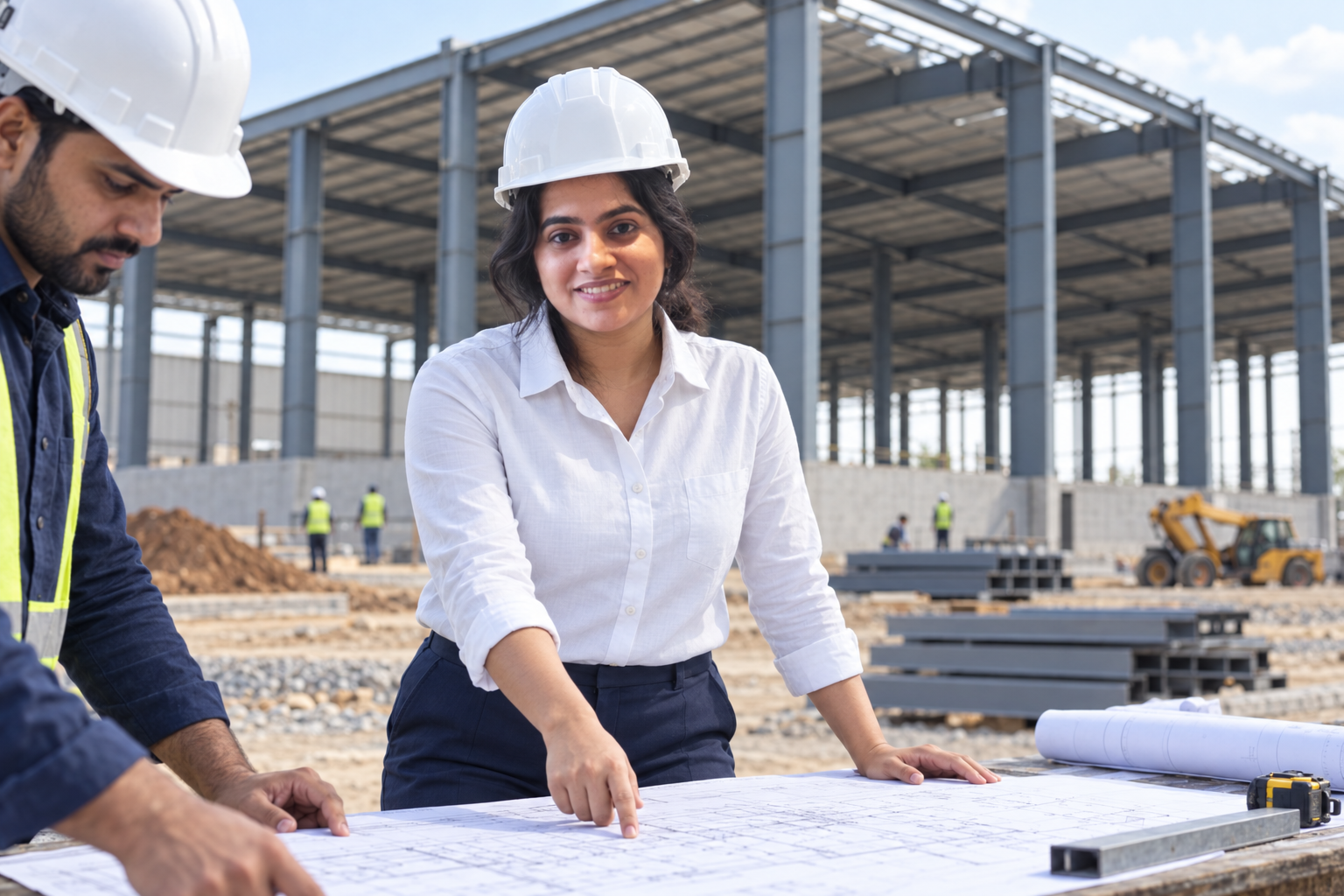 Binal Patel reviewing construction plans at a PEB godown site — illustrative portrait